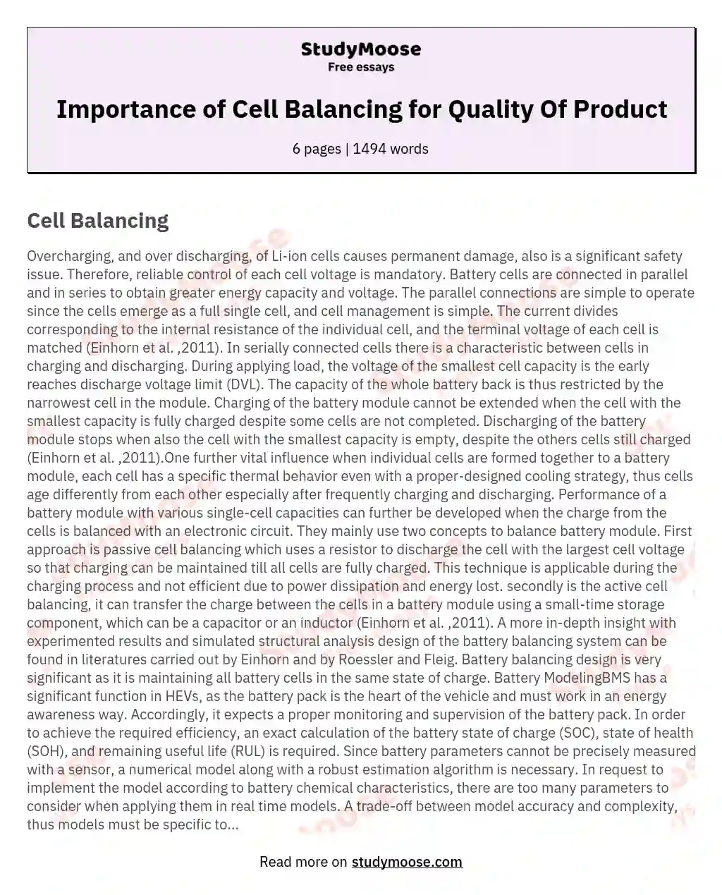 Importance of Cell Balancing for Quality Of Product essay