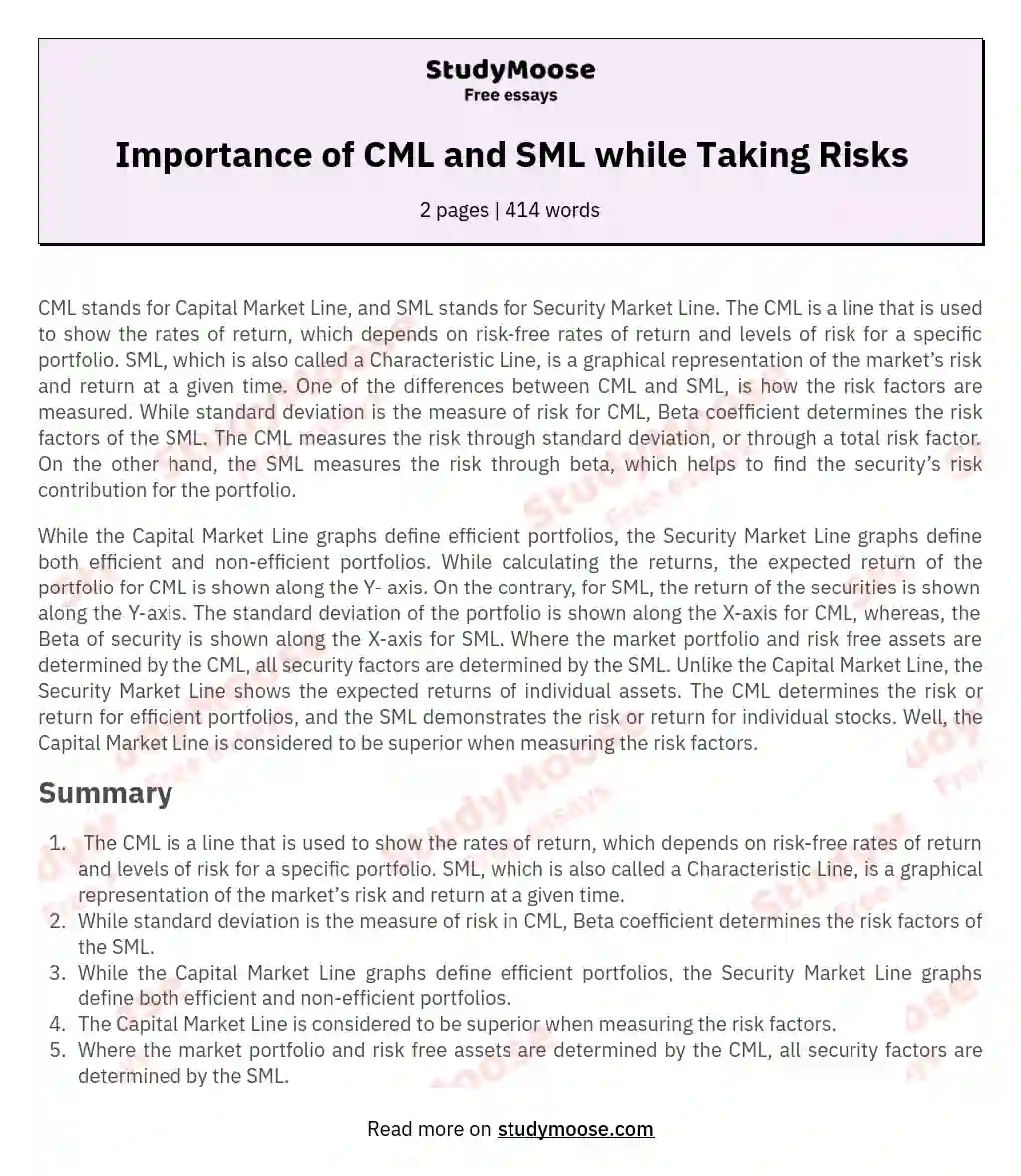 Importance of CML and SML while Taking Risks essay