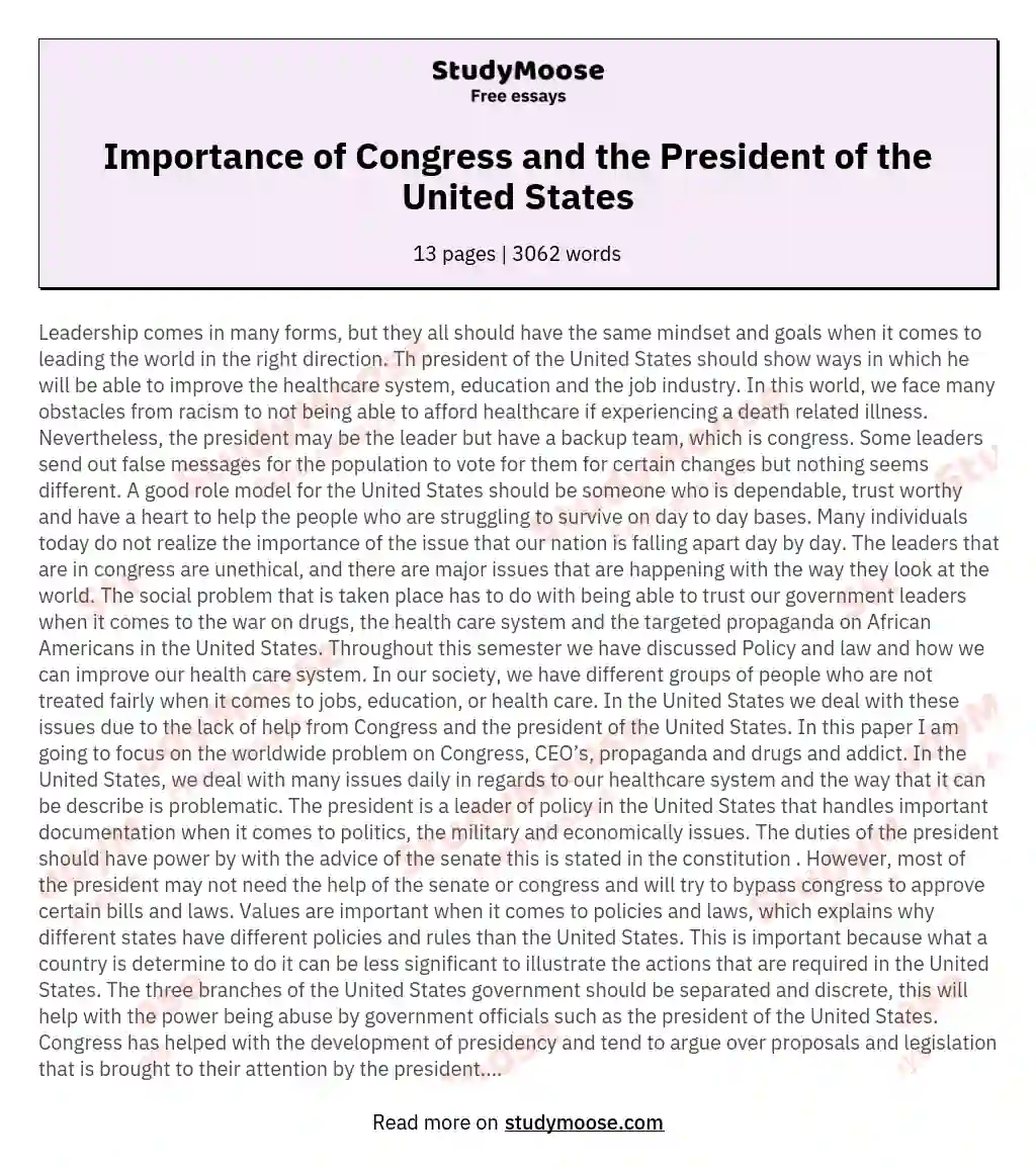 Importance of Congress and the President of the United States essay