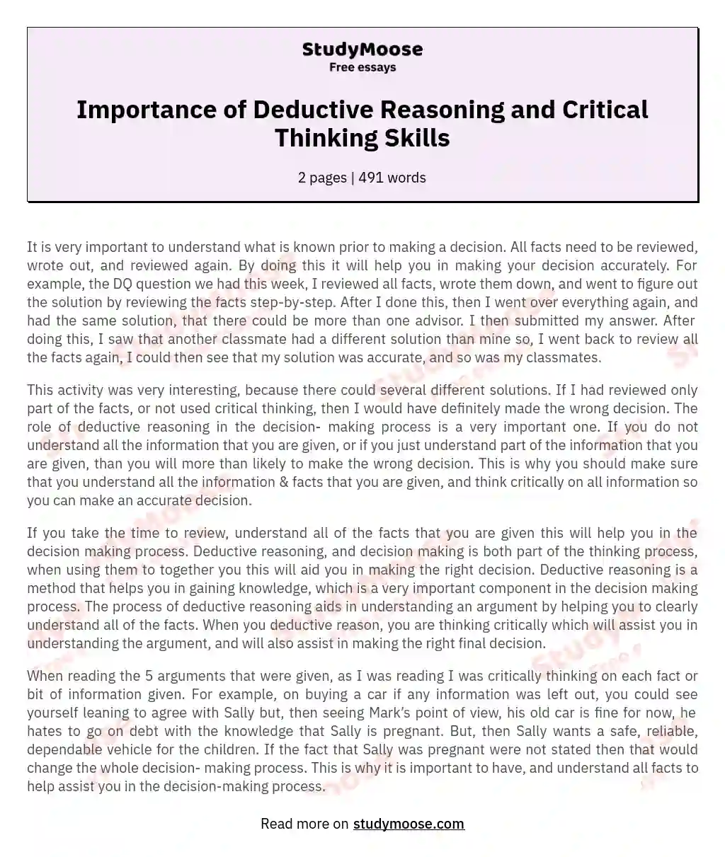 Importance of Deductive Reasoning and Critical Thinking Skills
