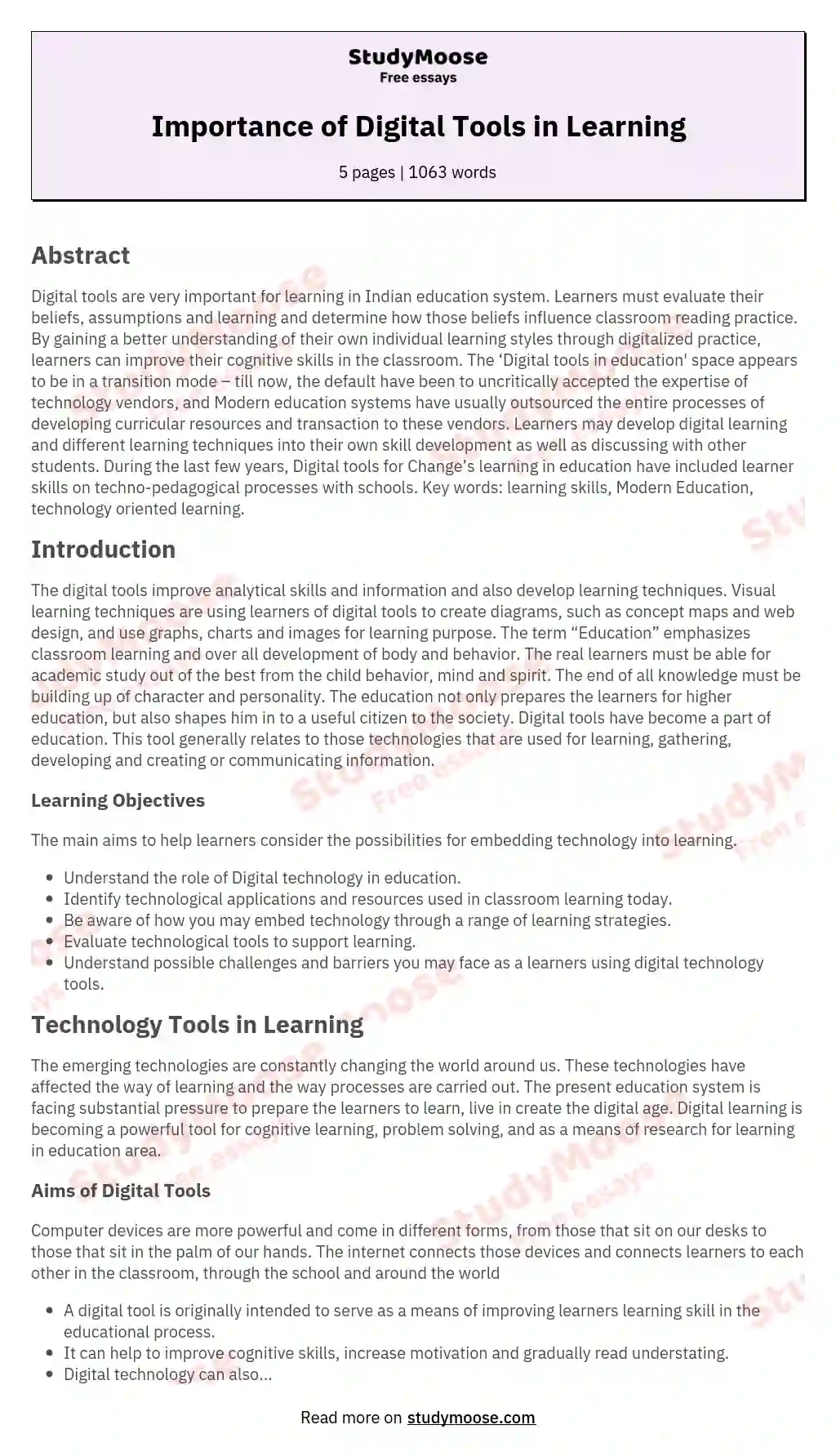 Importance of Digital Tools in Learning essay