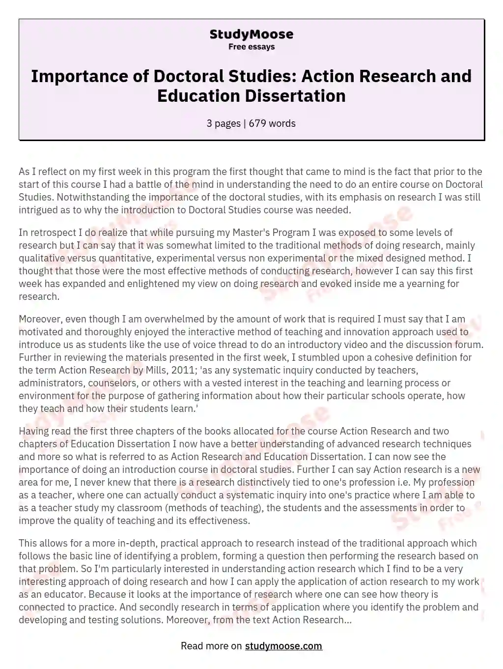 Importance of Doctoral Studies: Action Research and Education Dissertation