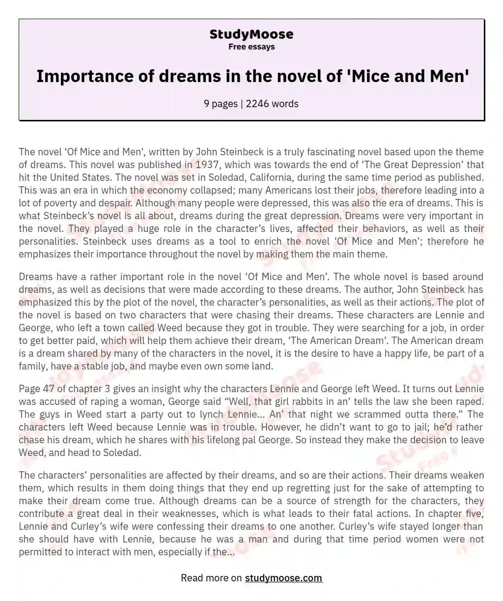 Importance of dreams in the novel of 'Mice and Men' essay