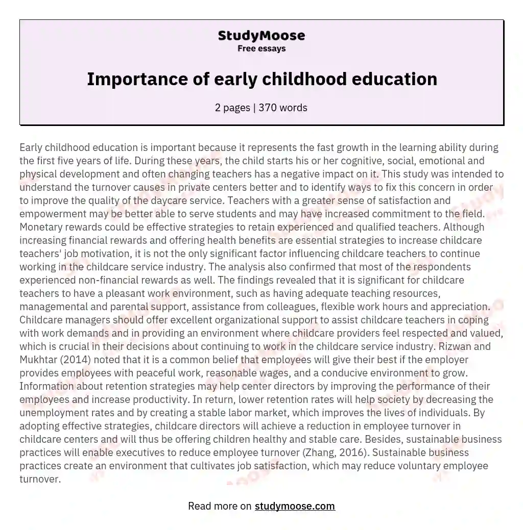 Importance Of Early Childhood Education Free Essay Example