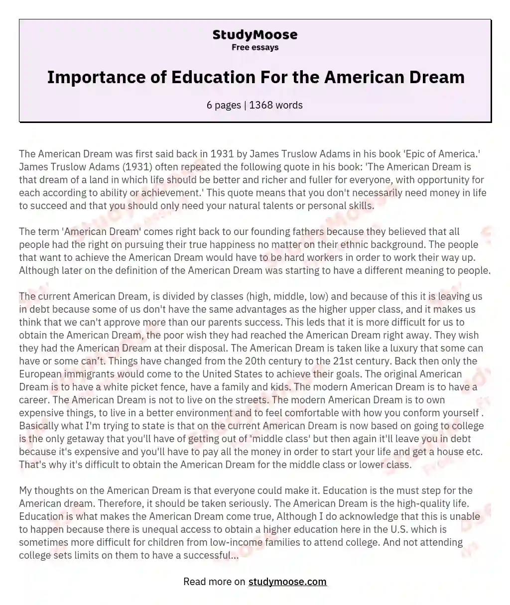 Importance of Education For the American Dream essay