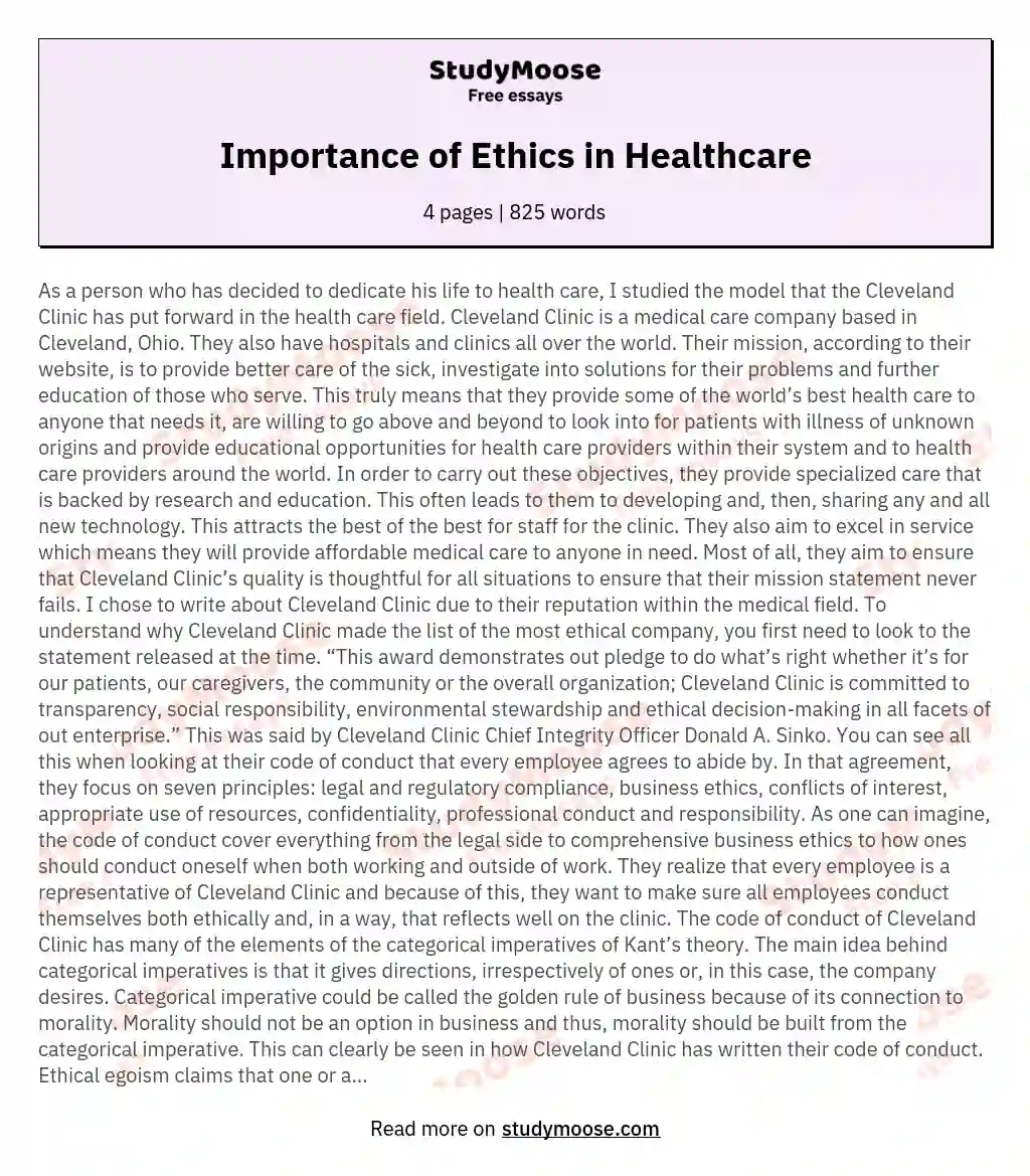 Importance of Ethics in Healthcare essay