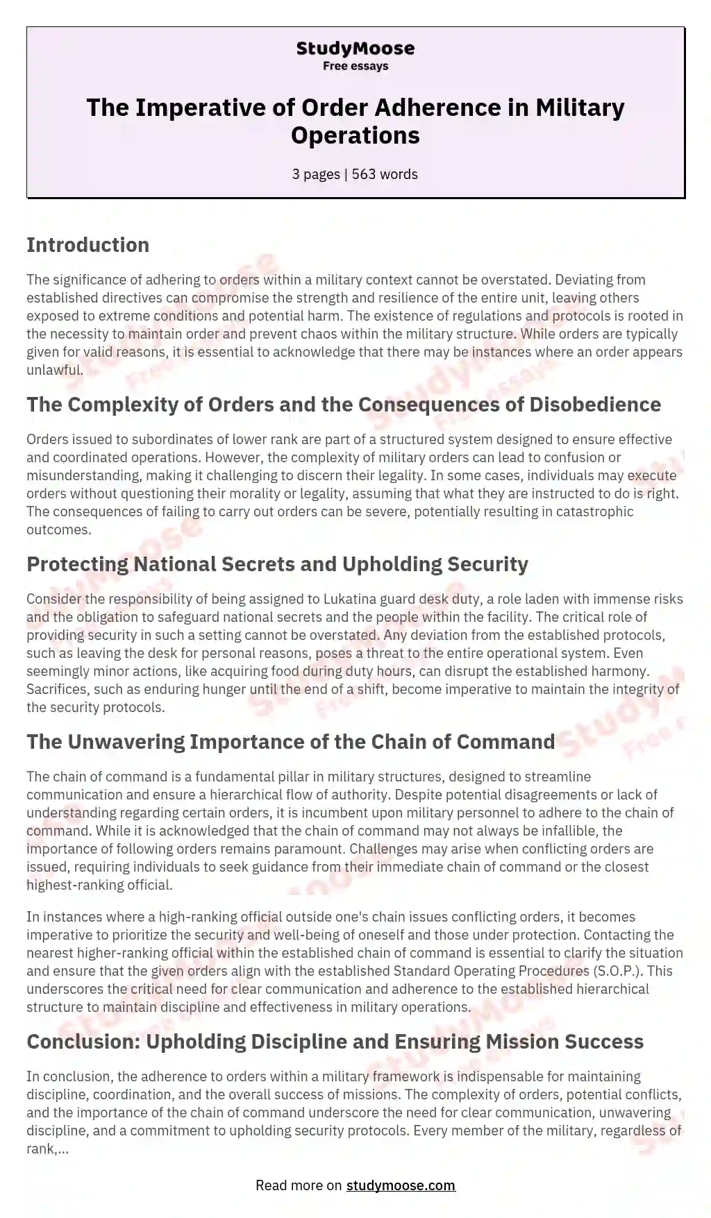 The Imperative of Order Adherence in Military Operations essay