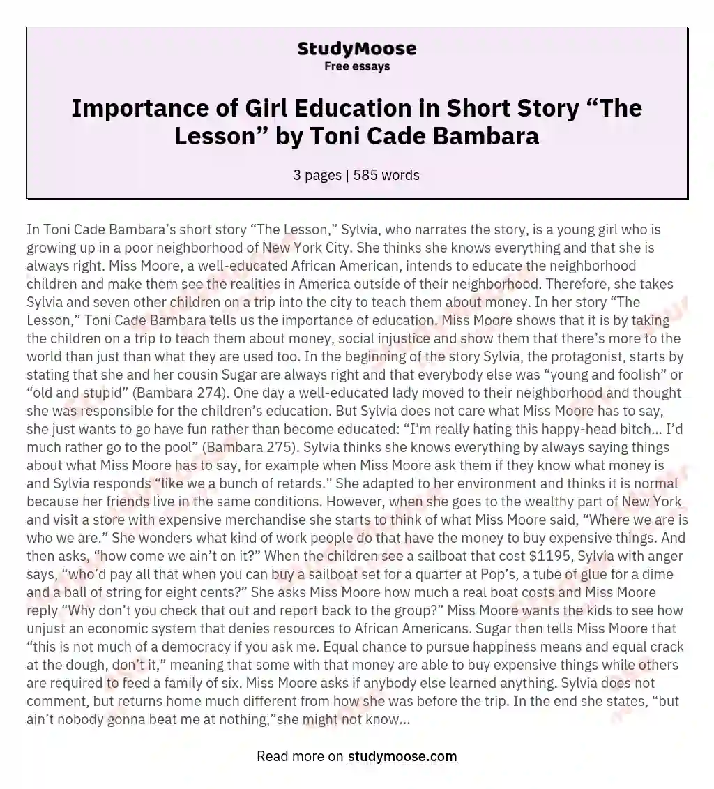 Importance of Girl Education in Short Story “The Lesson” by Toni Cade Bambara