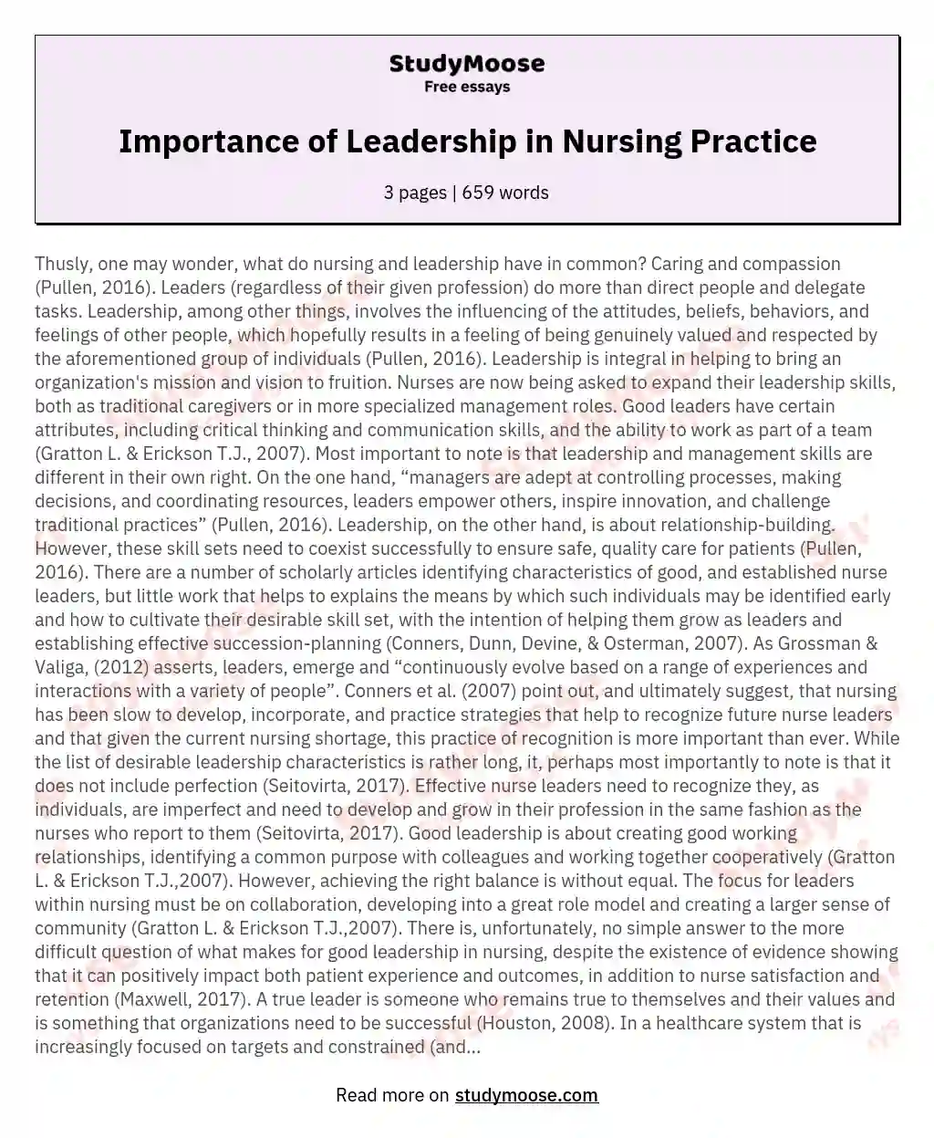 Importance of Leadership in Nursing Practice essay