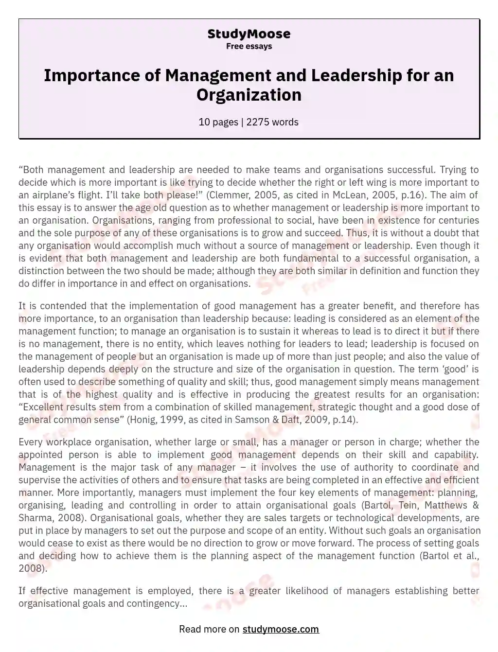 Importance of Management and Leadership for an Organization essay