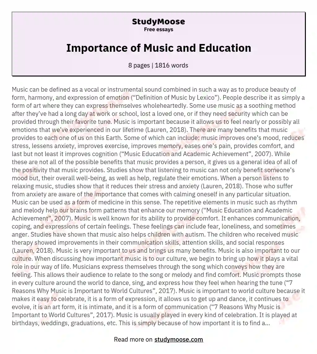 Importance of Music and Education essay
