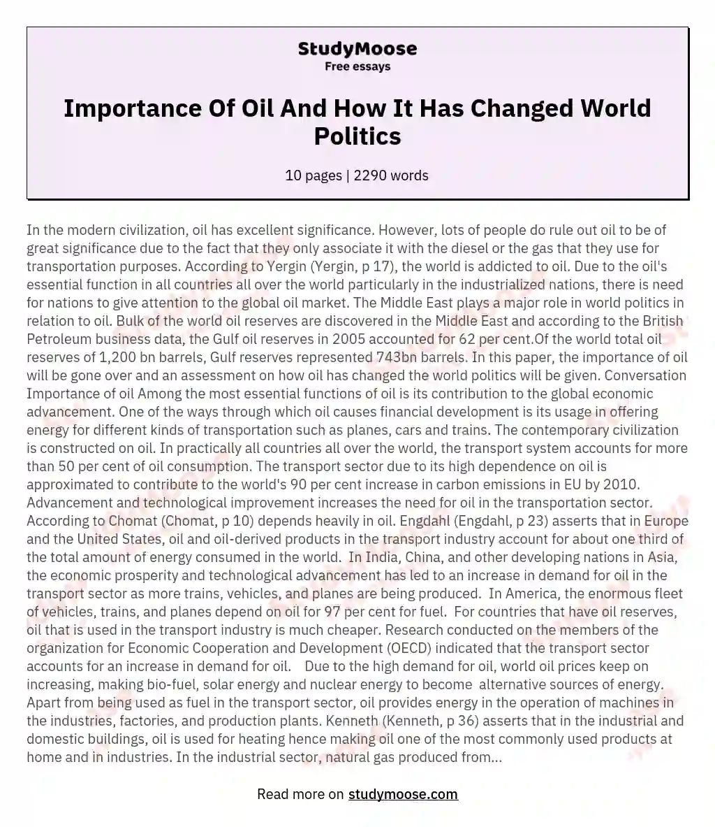 Importance Of Oil And How It Has Changed World Politics essay