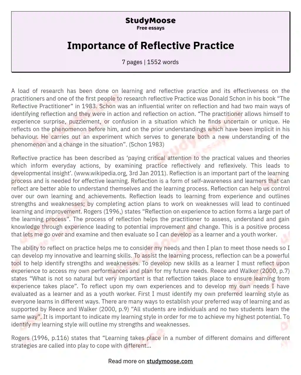 Importance of Reflective Practice essay