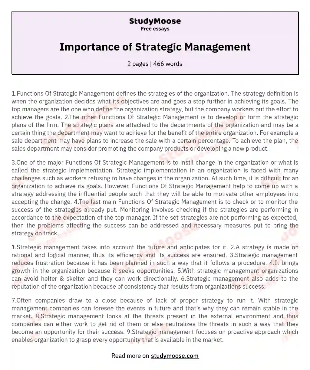 Importance of Strategic Management