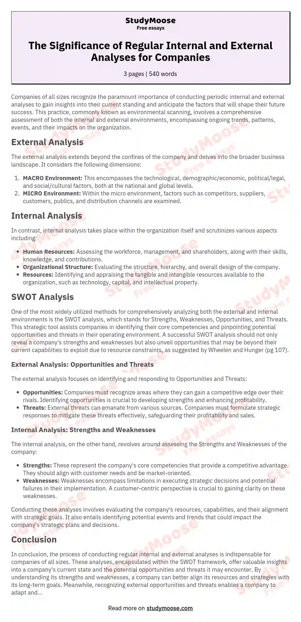 The Significance of Regular Internal and External Analyses for Companies essay