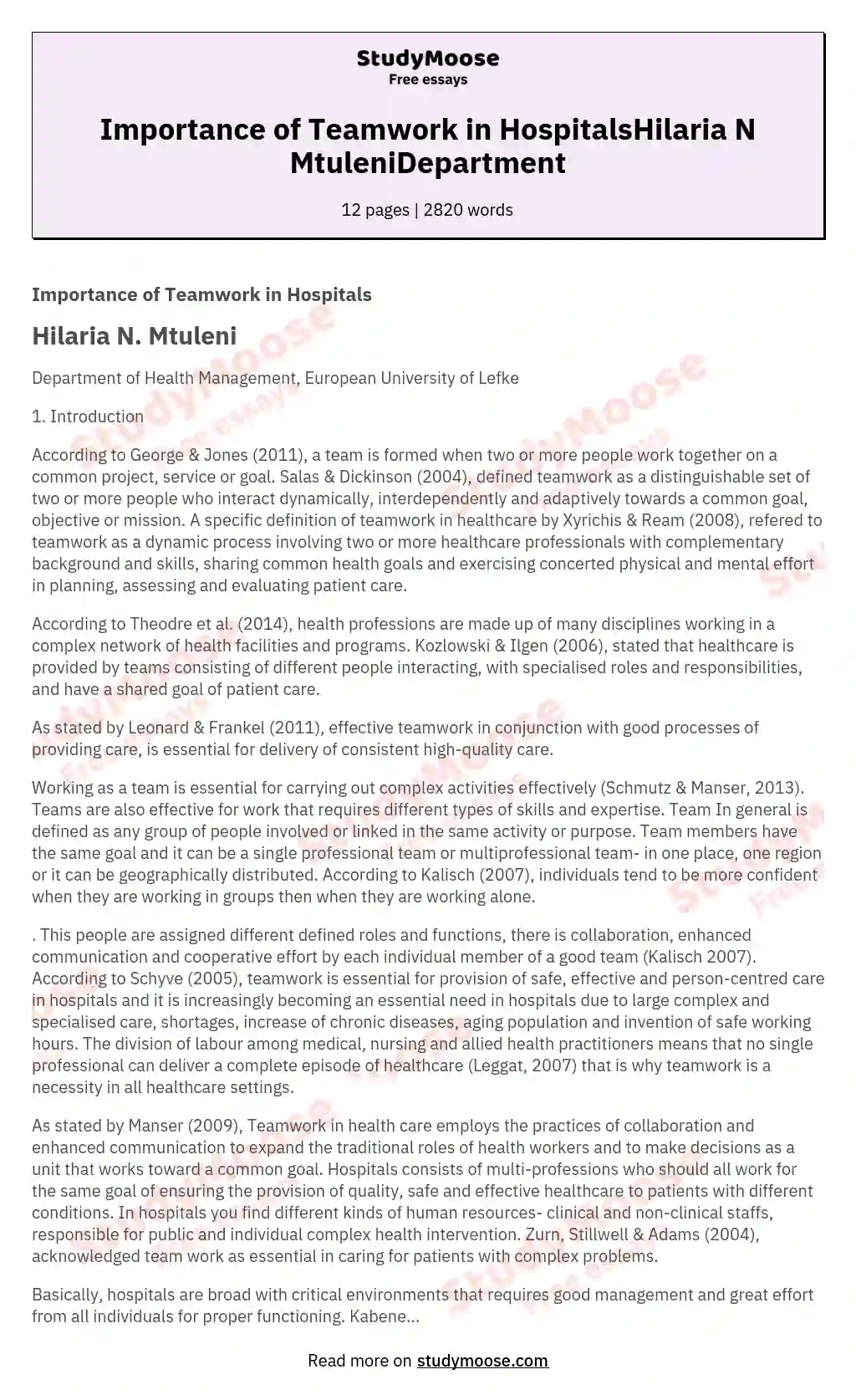Importance of Teamwork in HospitalsHilaria N MtuleniDepartment essay