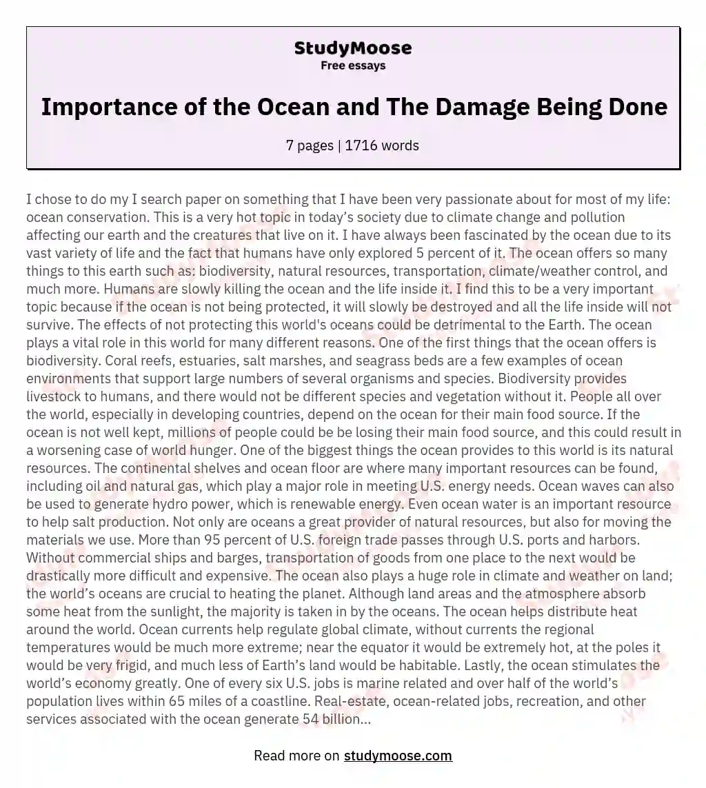 Importance Of The Ocean And The Damage Being Done Free Essay Example