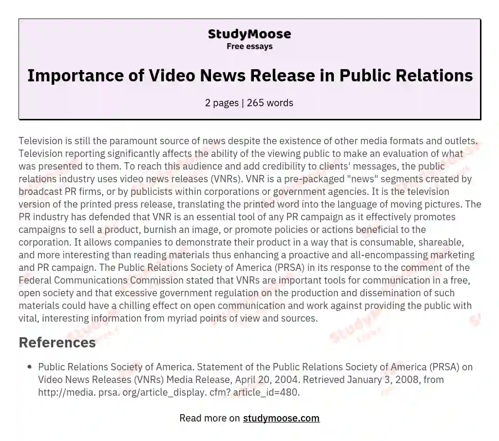 Importance of Video News Release in Public Relations essay