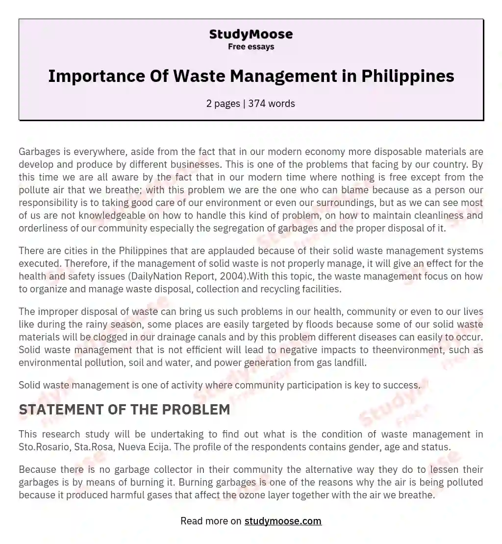 Importance Of Waste Management In Philippines Free Essay Example