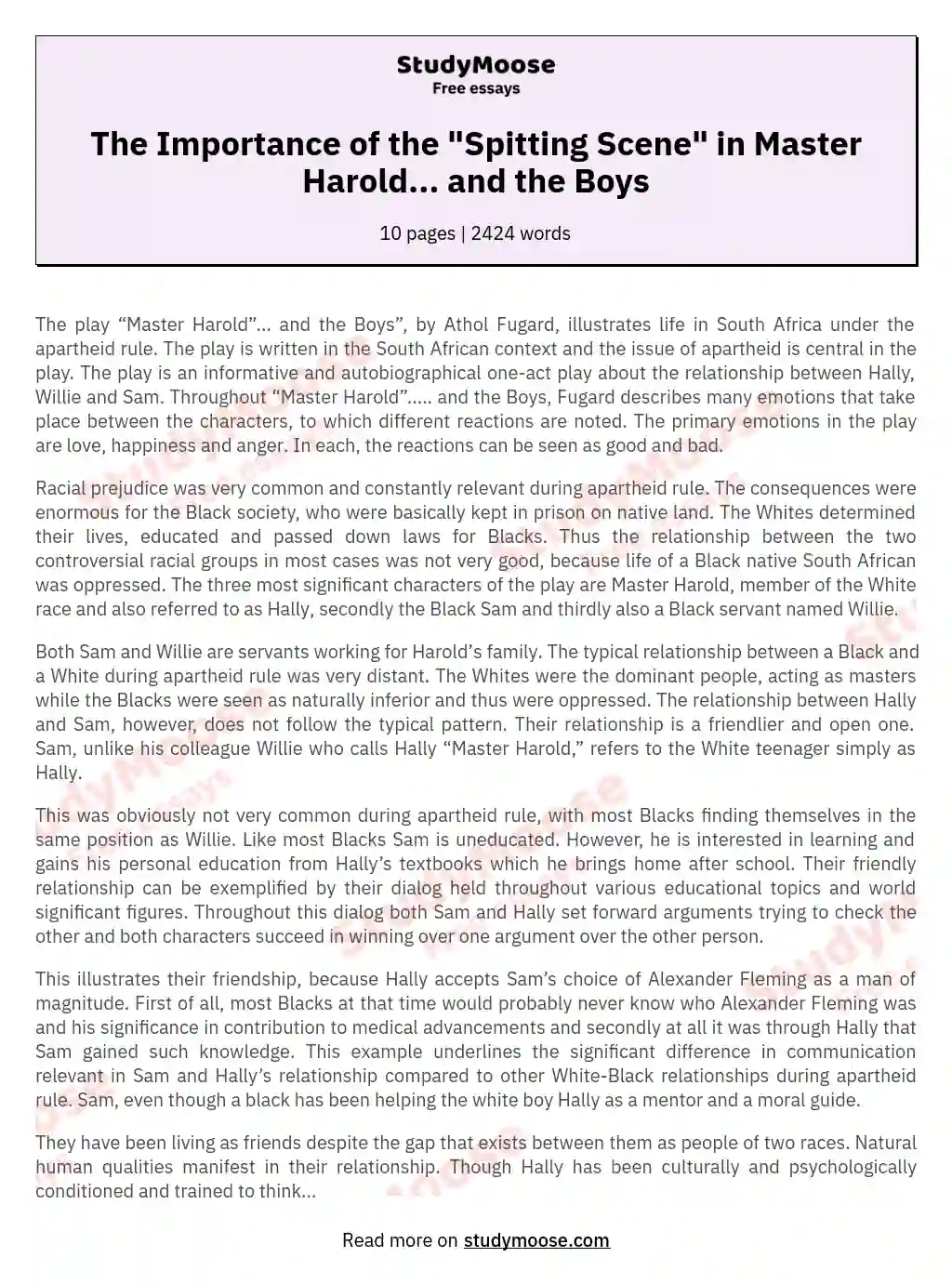 The Importance of the "Spitting Scene" in Master Harold... and the Boys