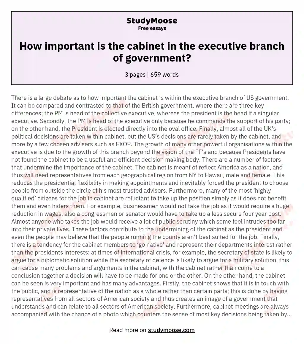 How important is the cabinet in the executive branch of government? essay