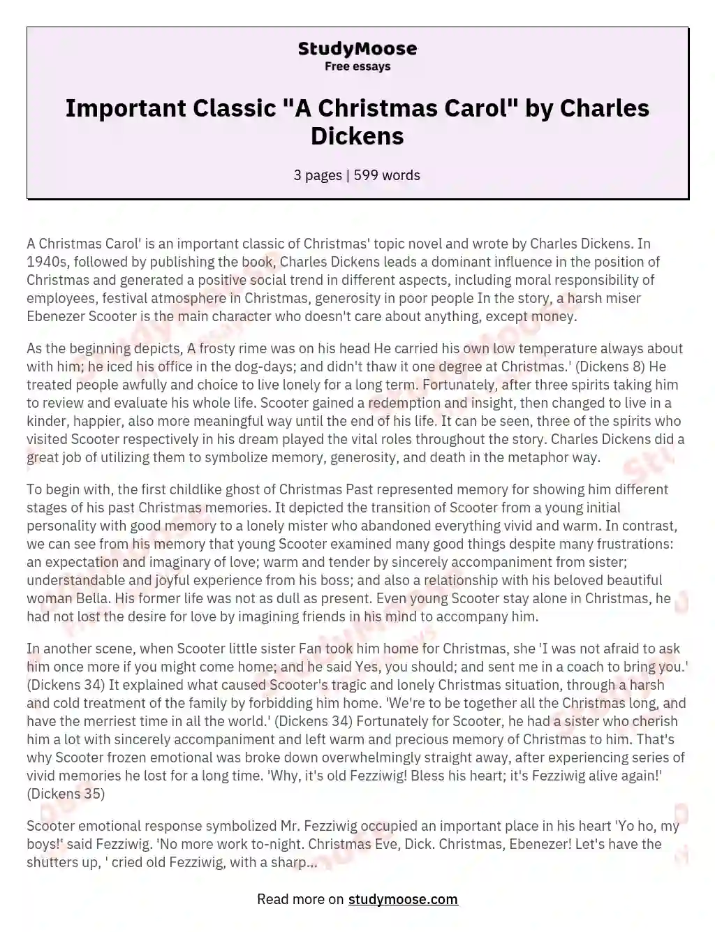 Important Classic "A Christmas Carol" by Charles Dickens essay