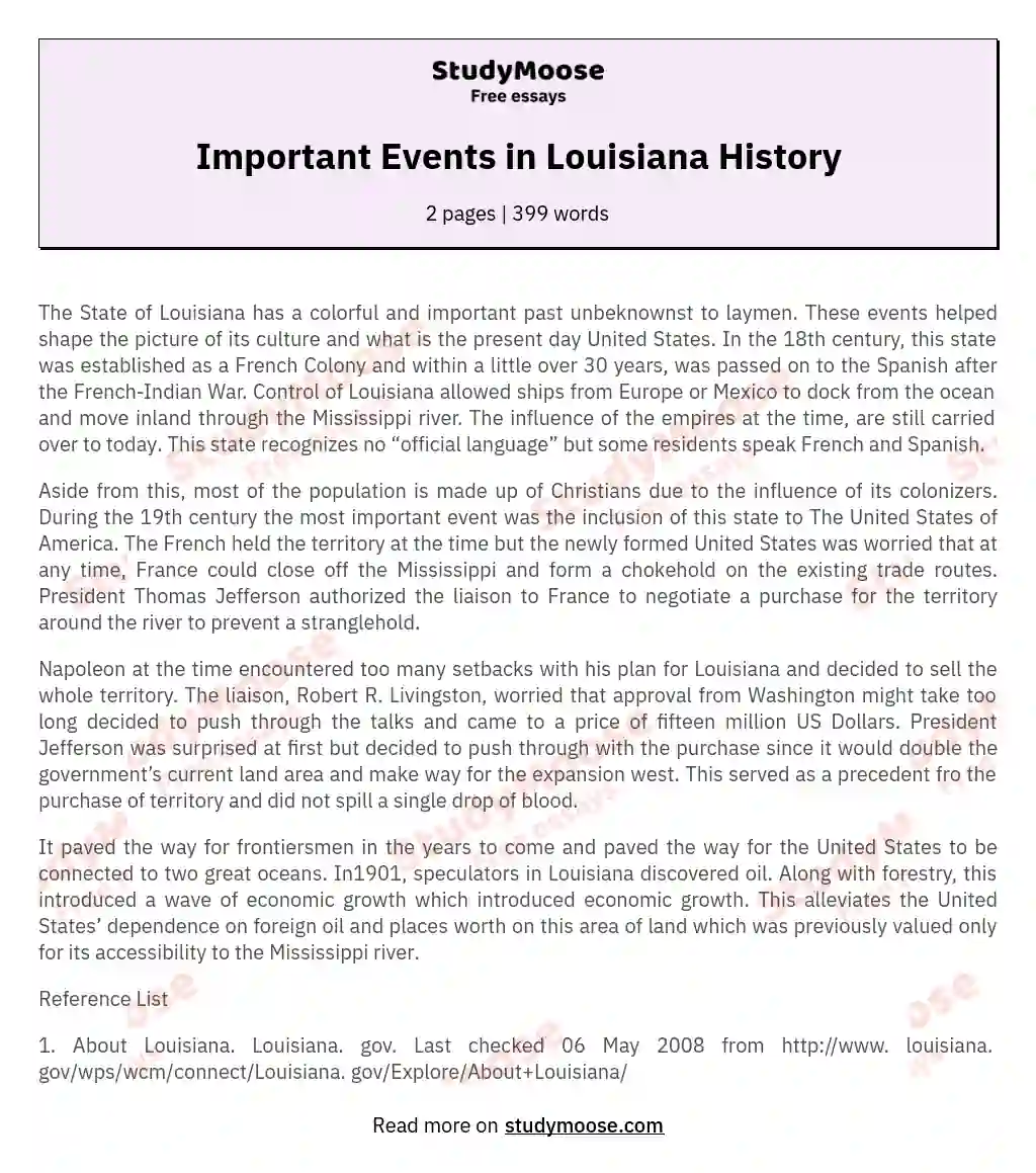 Important Events in Louisiana History essay