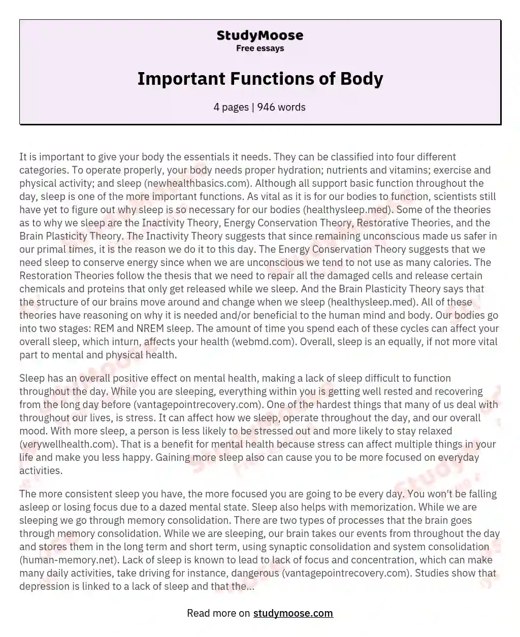 Important Functions of Body essay