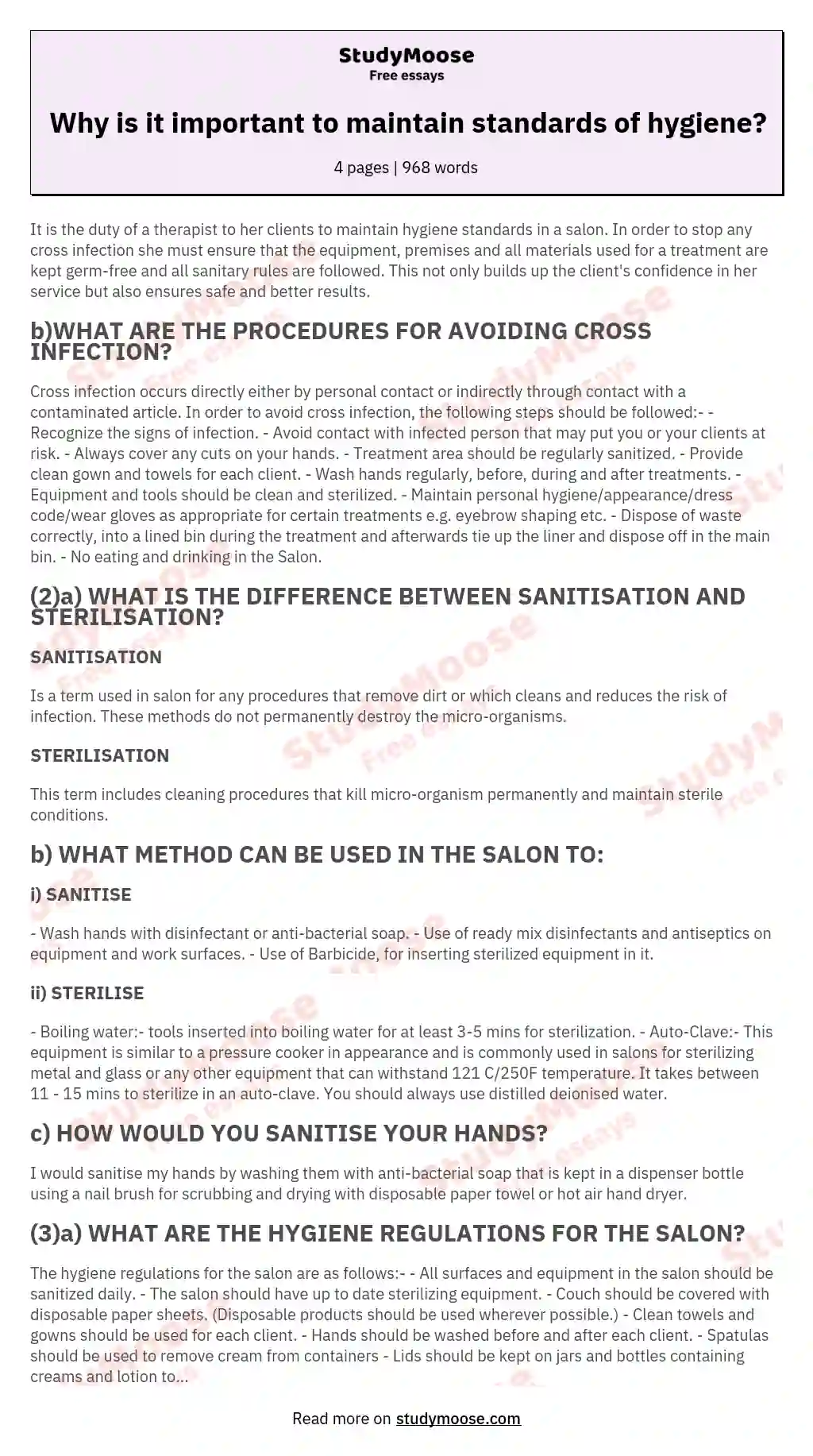 Why is it important to maintain standards of hygiene? essay