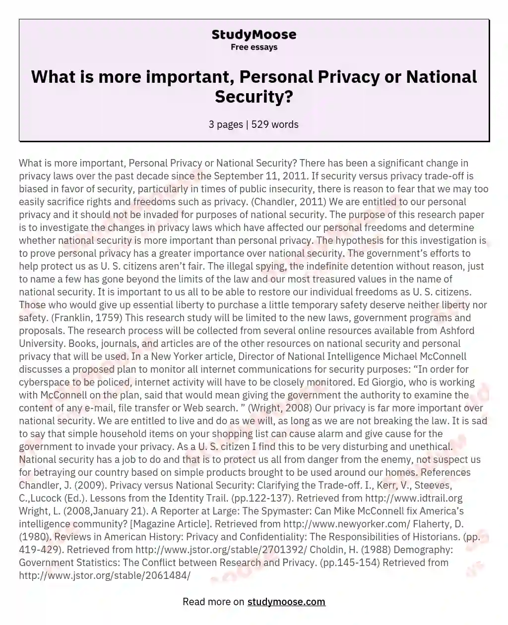 What is more important, Personal Privacy or National Security? essay