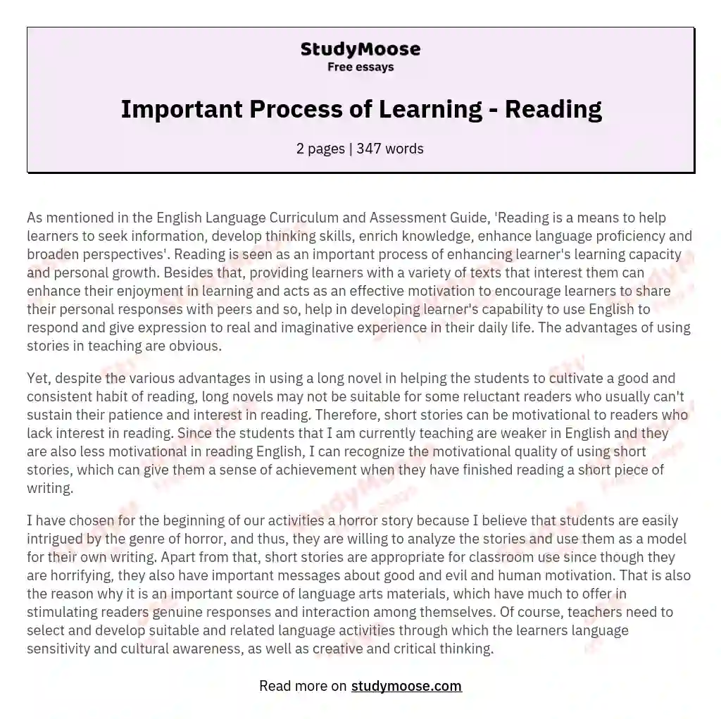 Important Process of Learning - Reading essay