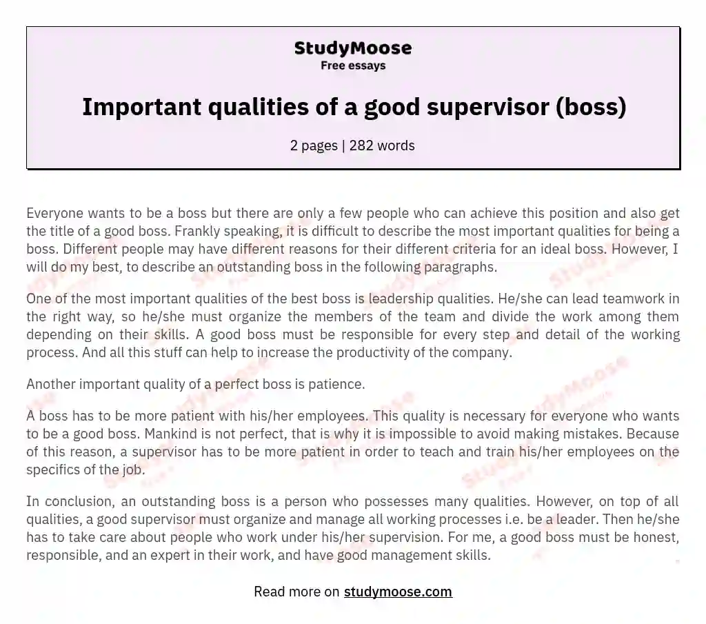 Important qualities of a good supervisor (boss) essay