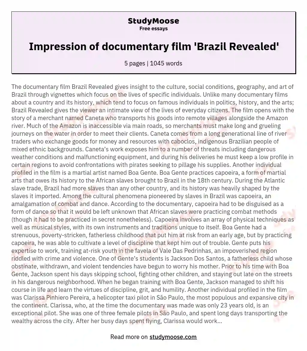 Impression of documentary film 'Brazil Revealed' essay