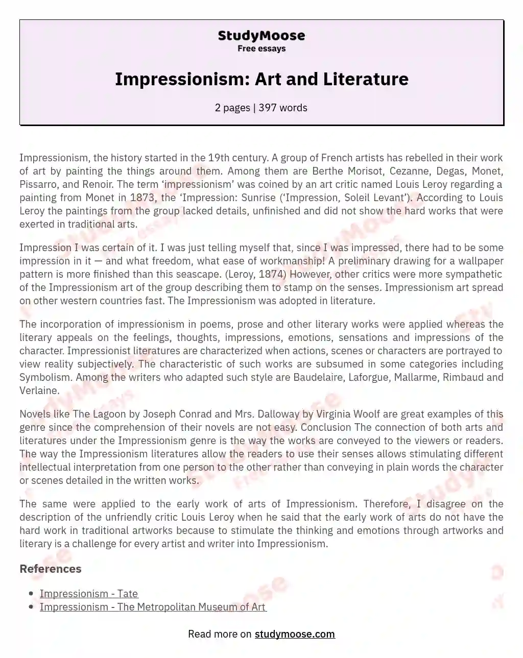 Impressionism: Art and Literature essay