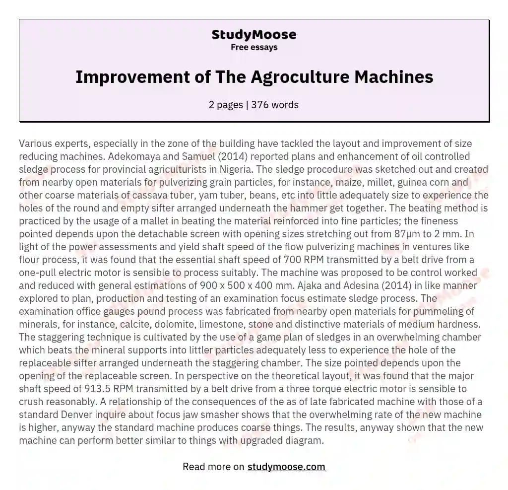 Improvement of The Agroculture Machines essay