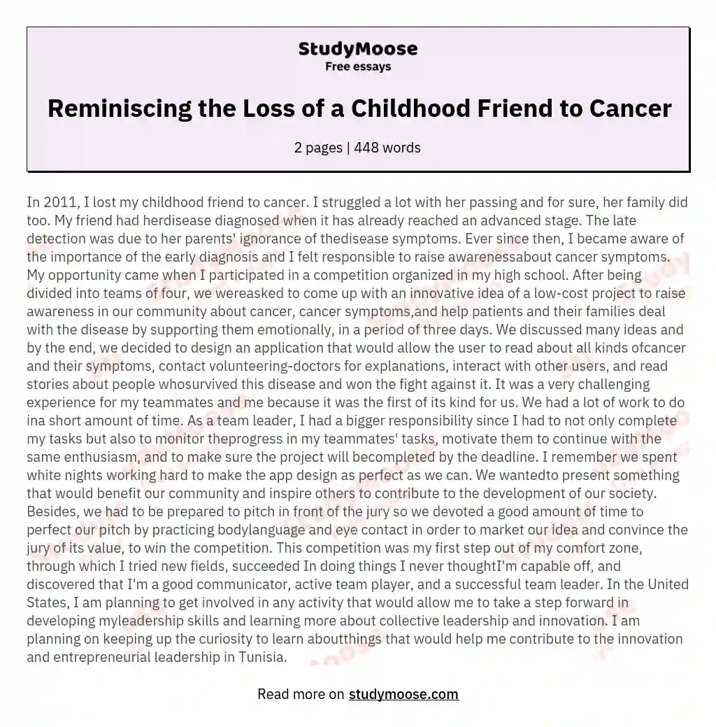 Reminiscing the Loss of a Childhood Friend to Cancer essay