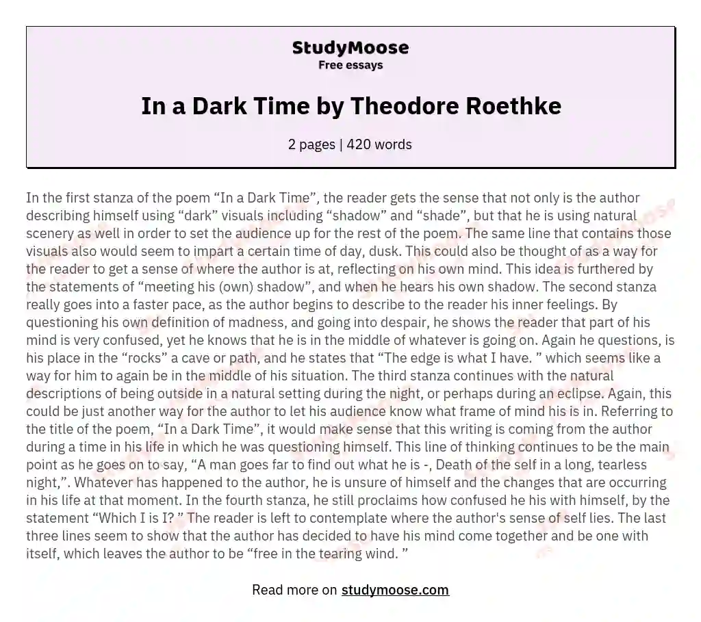 In a Dark Time by Theodore Roethke essay