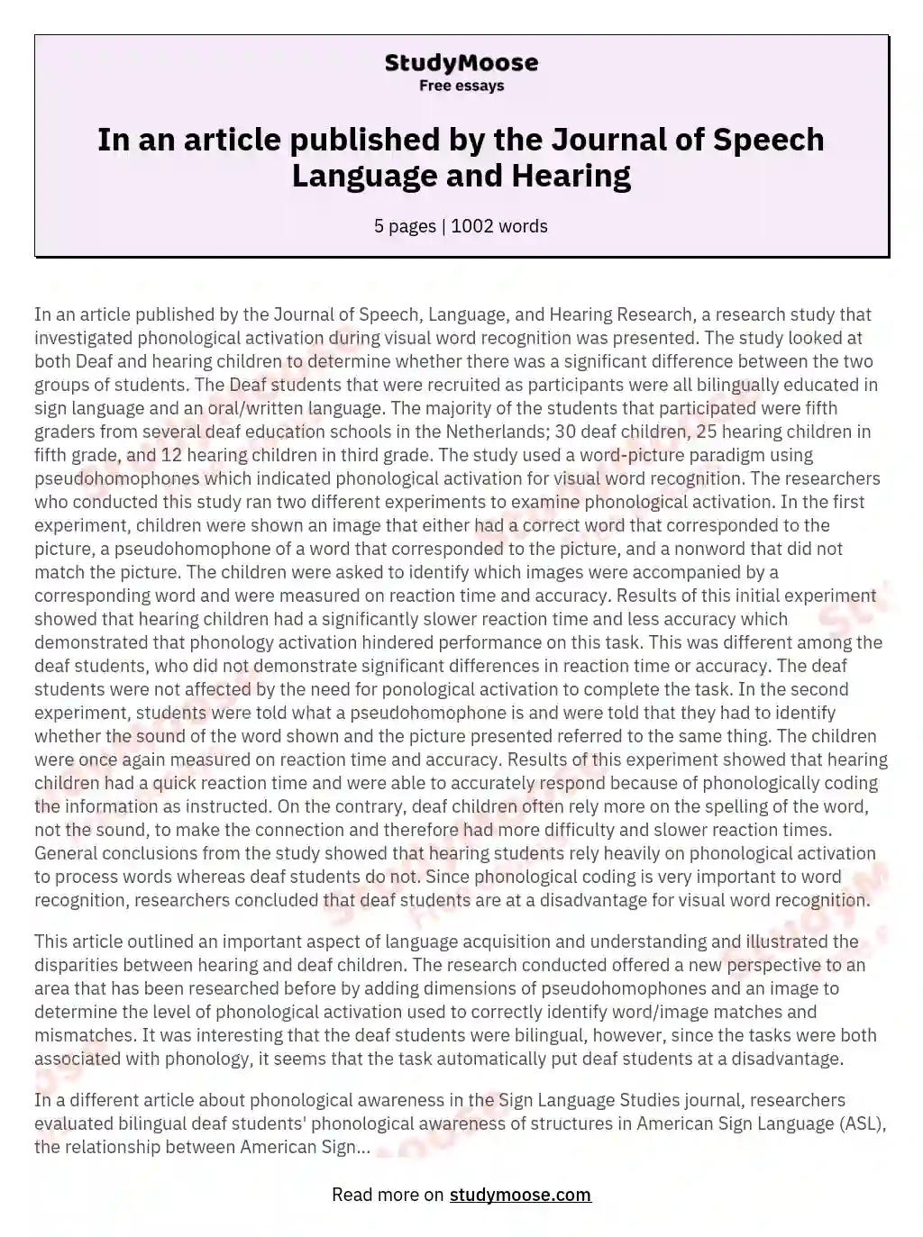In an article published by the Journal of Speech Language and Hearing
