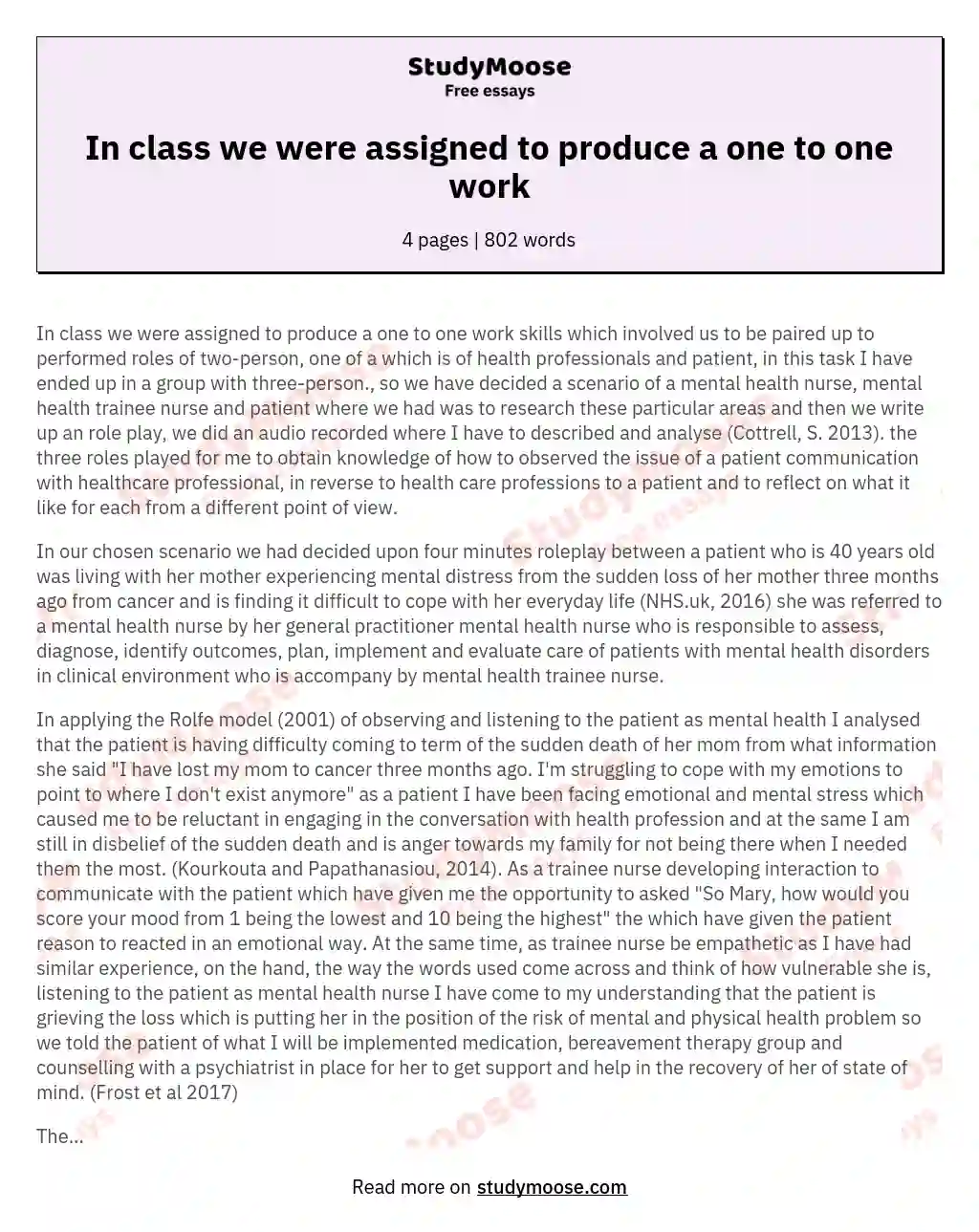 In class we were assigned to produce a one to one work essay
