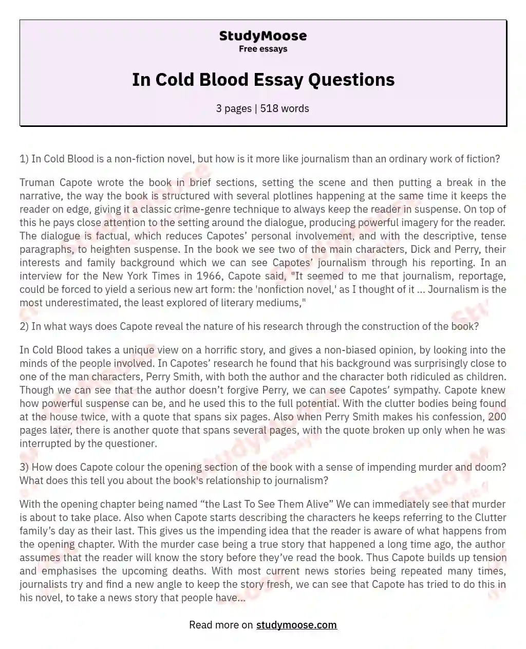 In Cold Blood Essay Questions