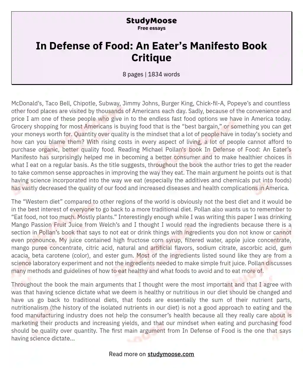 In Defense of Food: An Eater’s Manifesto Book Critique essay