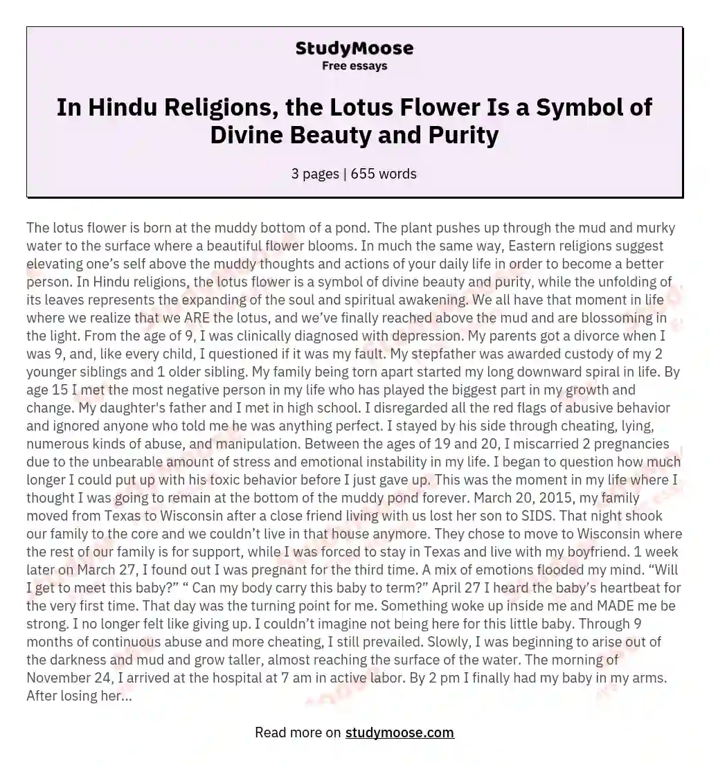 In Hindu Religions, the Lotus Flower Is a Symbol of Divine Beauty and Purity essay