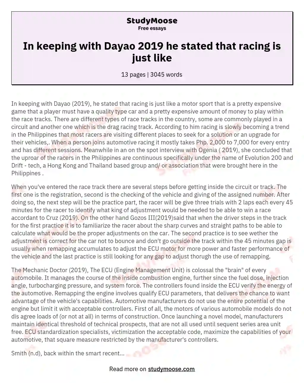 In keeping with Dayao 2019 he stated that racing is just like essay