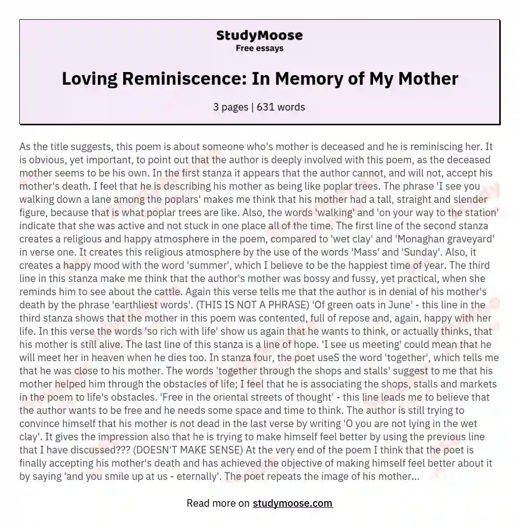 Loving Reminiscence: In Memory of My Mother essay