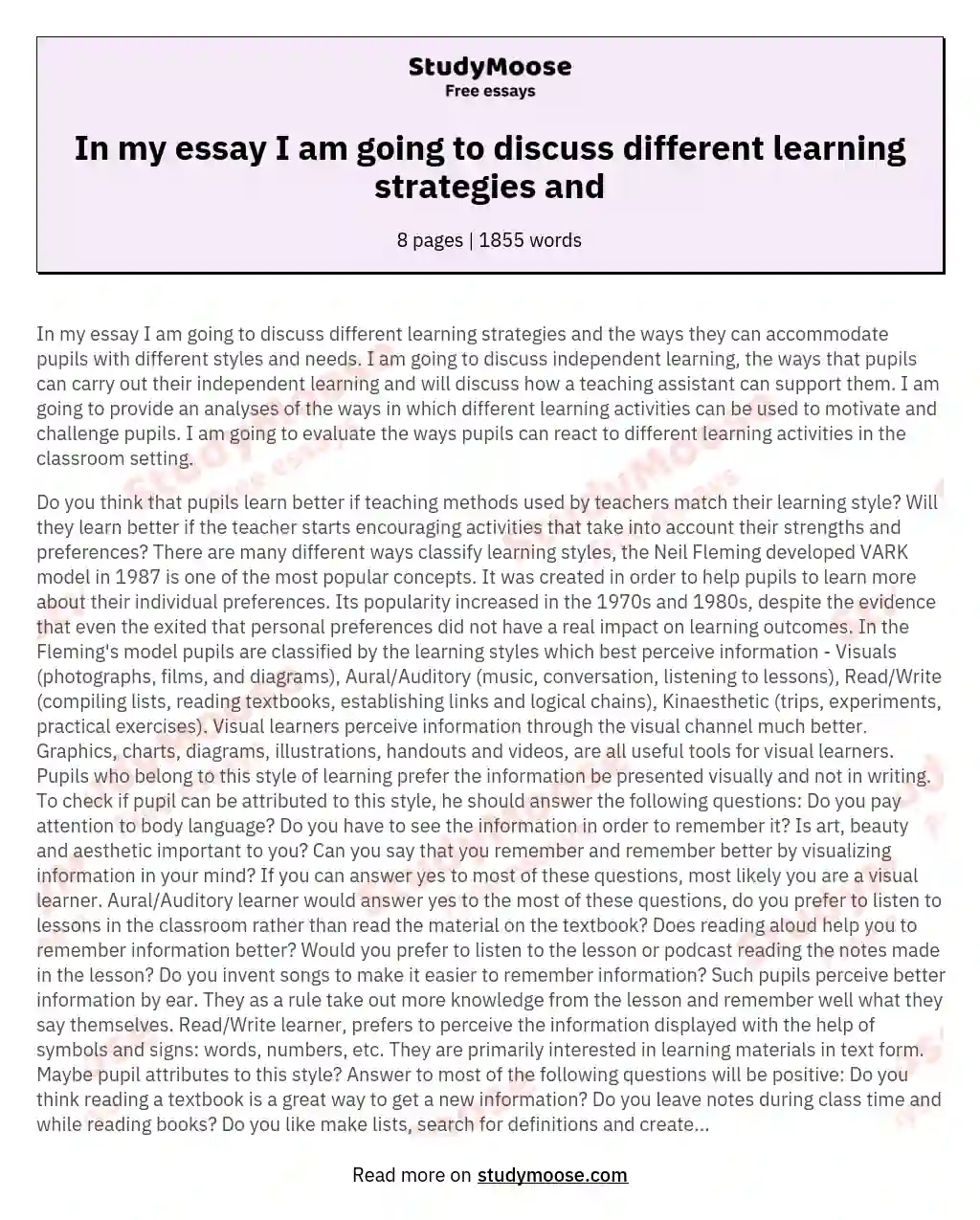 In my essay I am going to discuss different learning strategies and essay