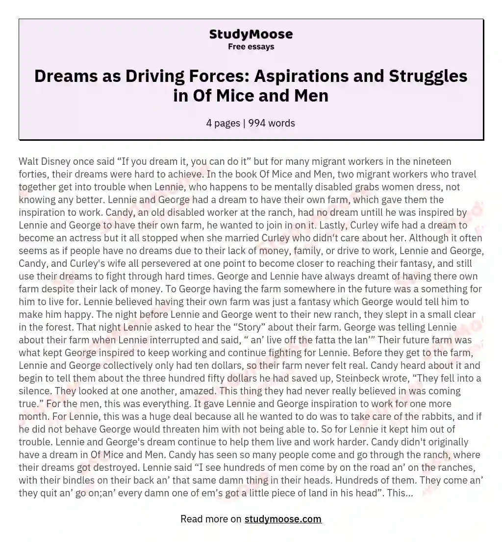 Dreams as Driving Forces: Aspirations and Struggles in Of Mice and Men essay