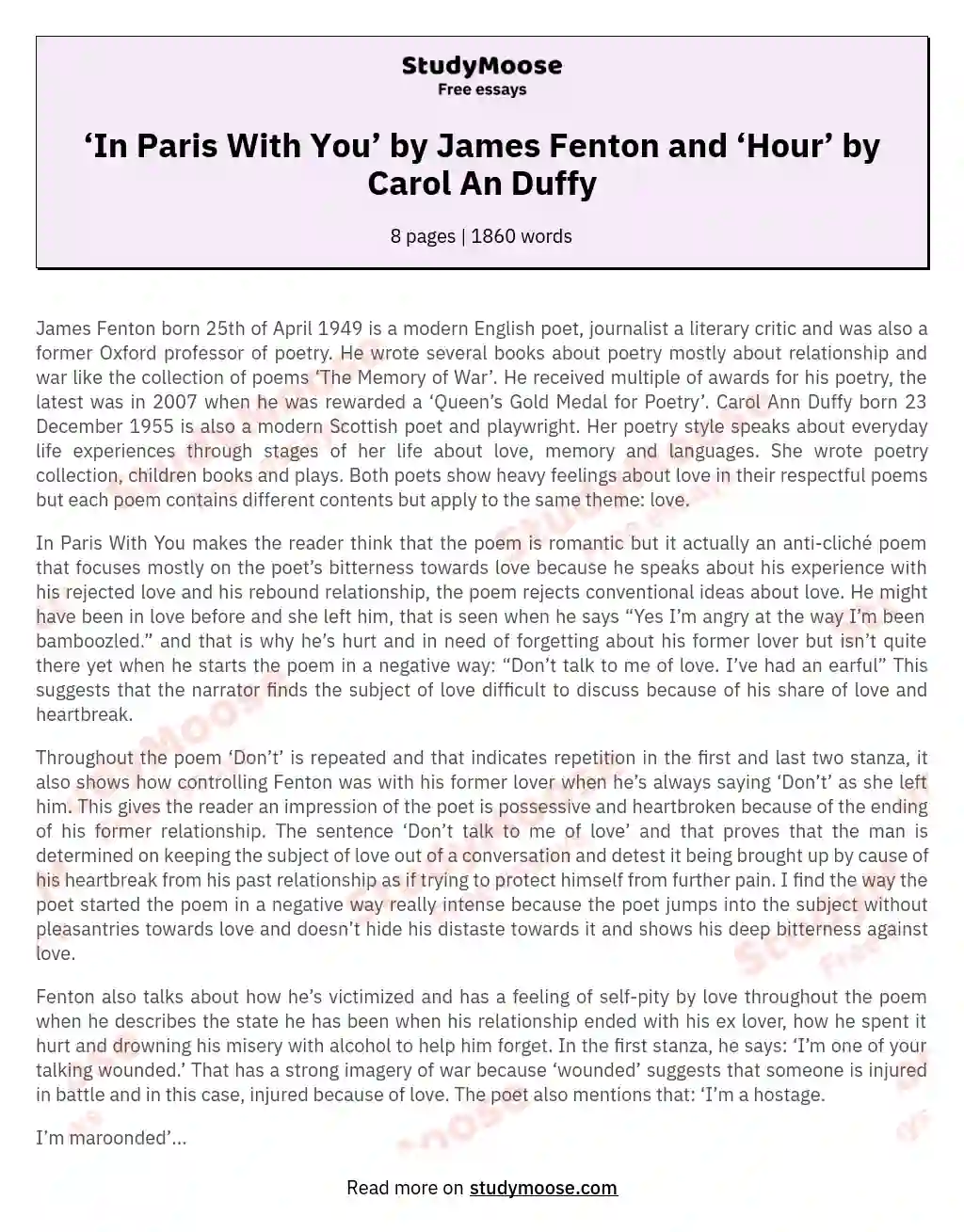 ‘In Paris With You’ by James Fenton and ‘Hour’ by Carol An Duffy