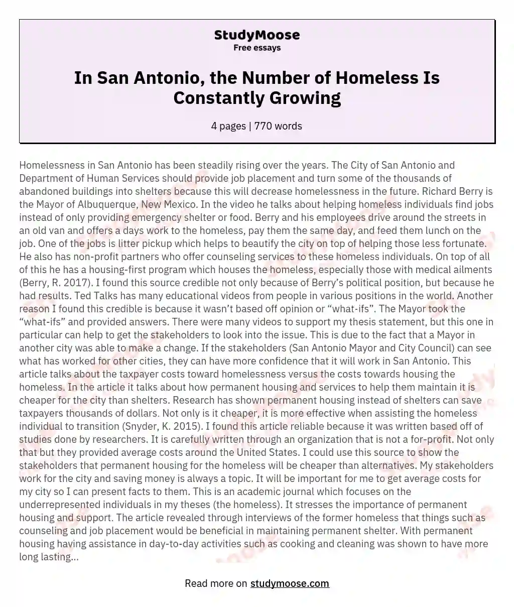In San Antonio, the Number of Homeless Is Constantly Growing essay