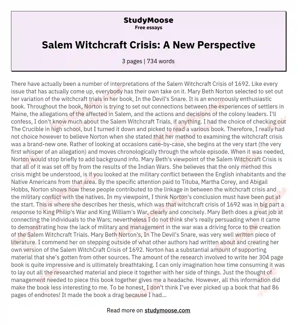 Salem Witchcraft Crisis: A New Perspective essay