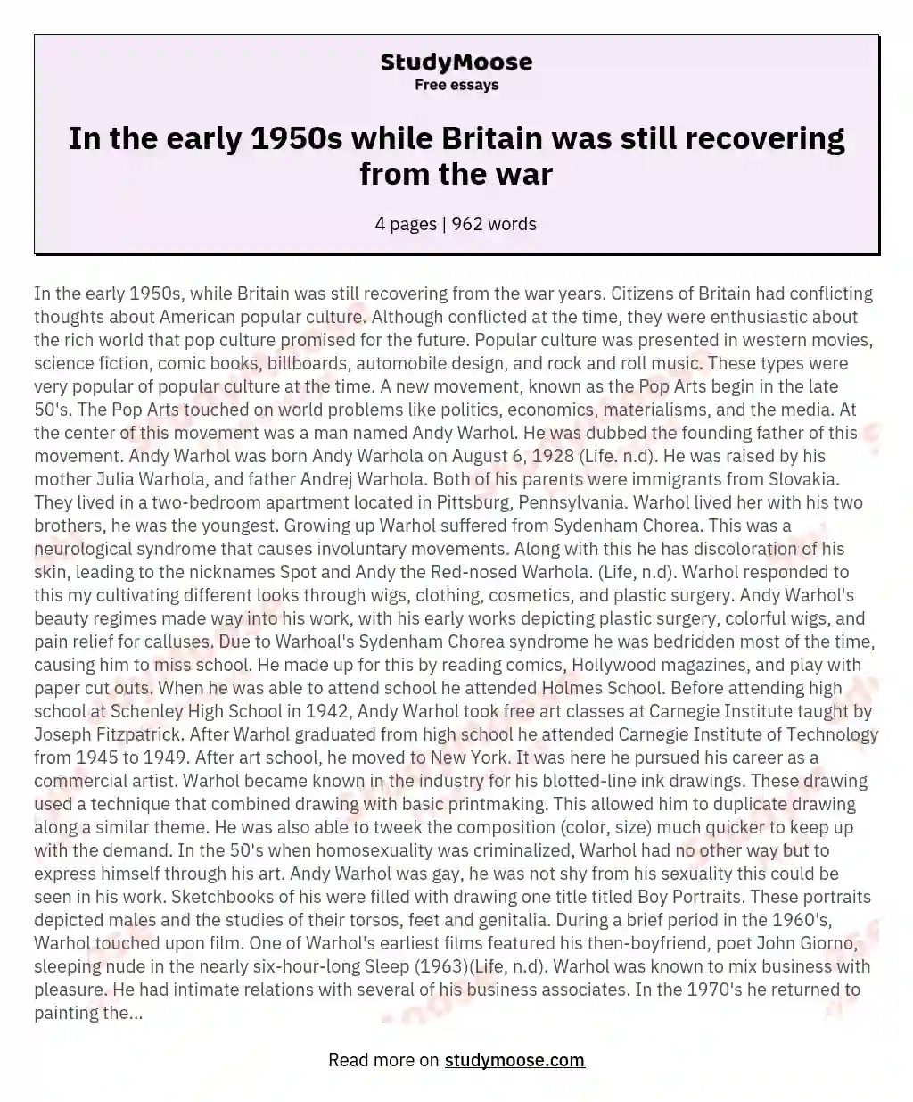In the early 1950s while Britain was still recovering from the war essay